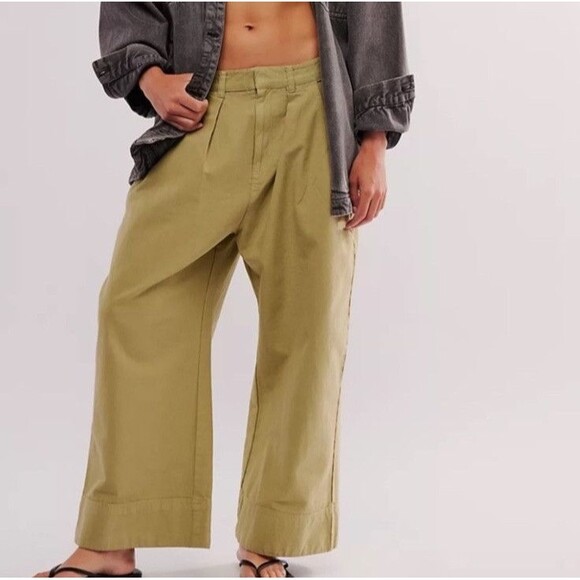 Free People Sweet Talk Cotton Wide Leg Chino Pants In Dried Aloe NWOT $128 Sz 27
